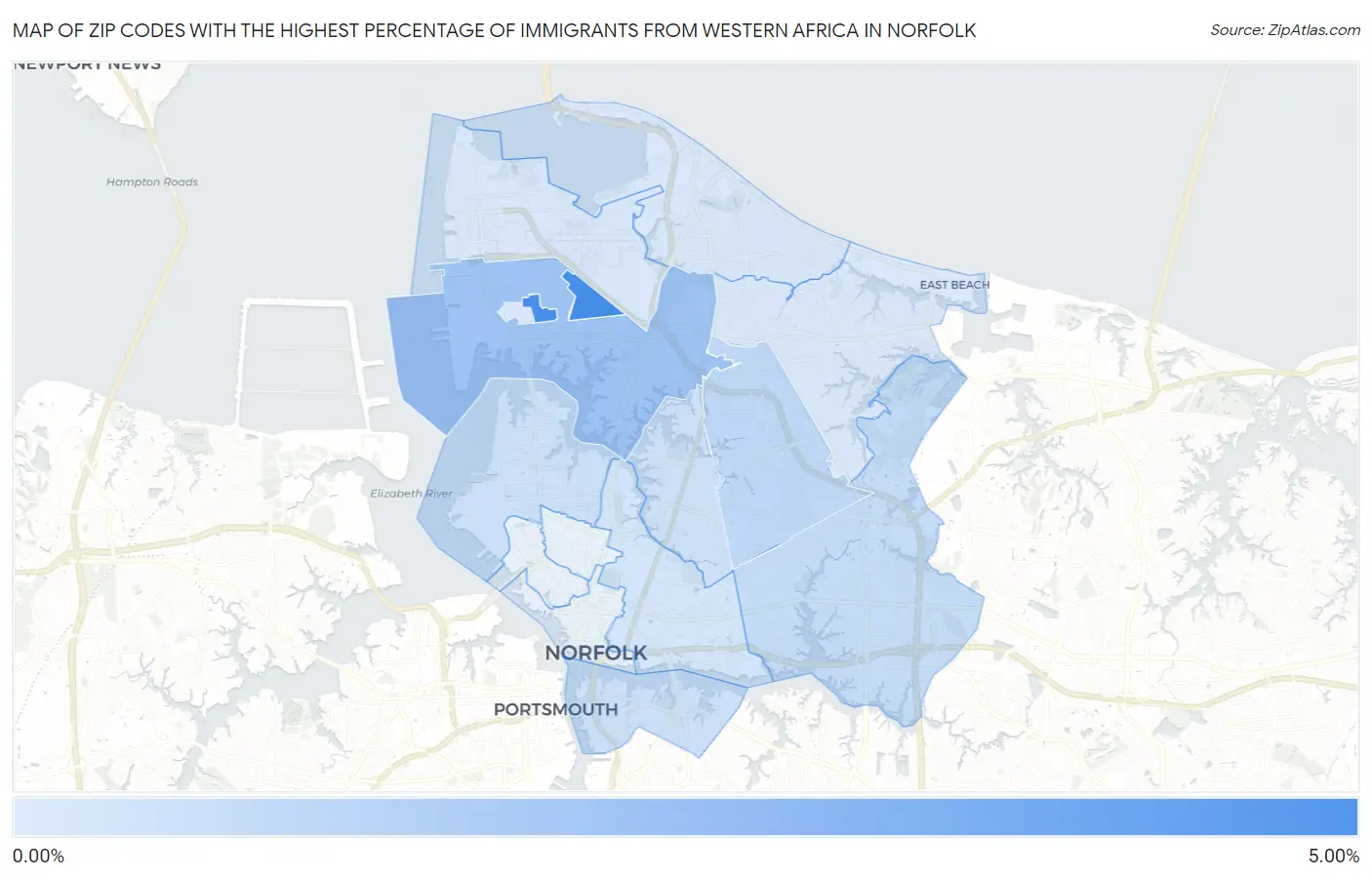 Zip Codes with the Highest Percentage of Immigrants from Western Africa in Norfolk Map