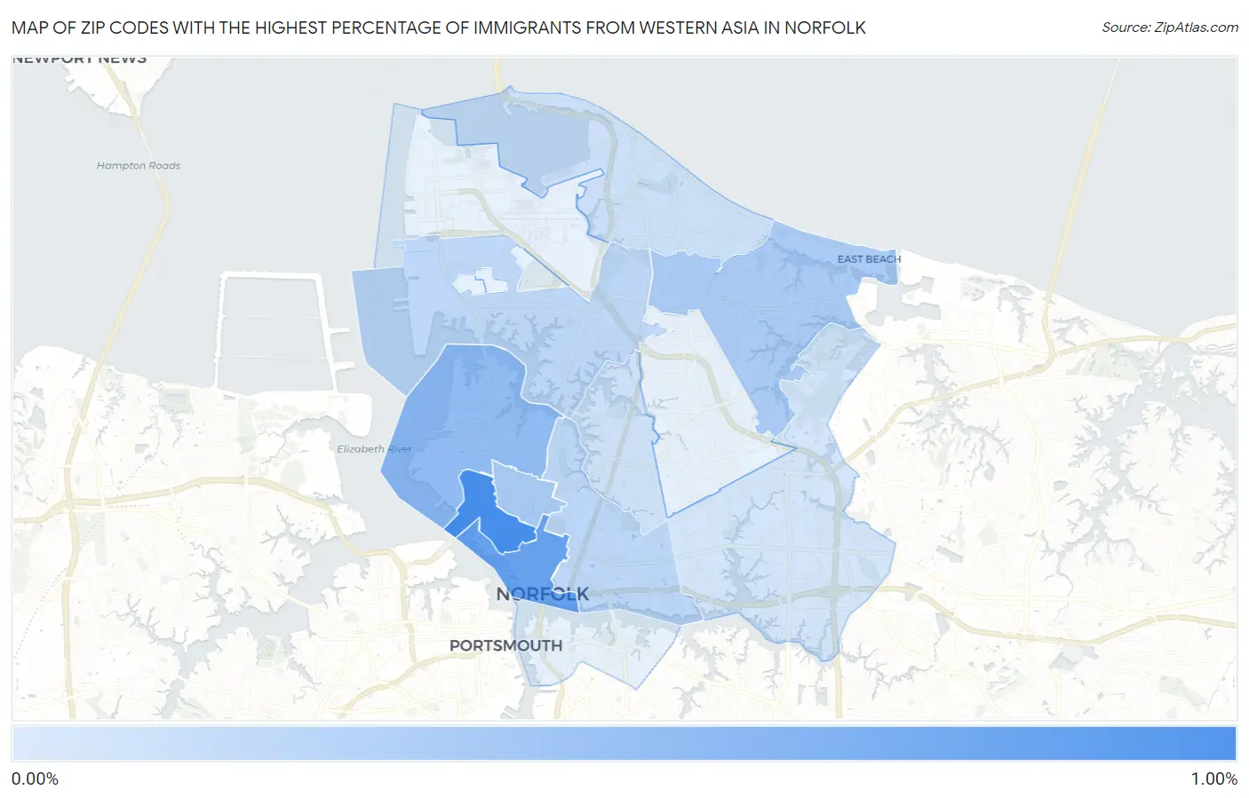 Zip Codes with the Highest Percentage of Immigrants from Western Asia in Norfolk Map
