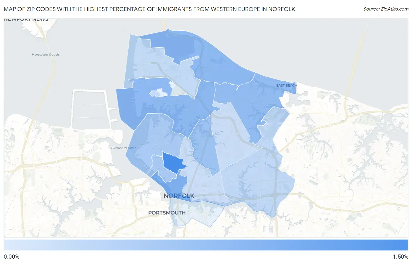 Zip Codes with the Highest Percentage of Immigrants from Western Europe in Norfolk Map