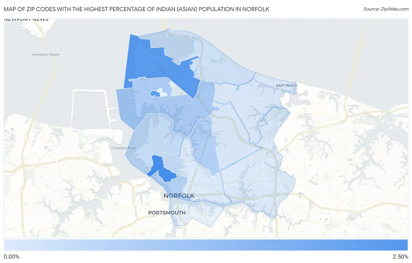 Zip Codes with the Highest Percentage of Indian (Asian) Population in Norfolk Map