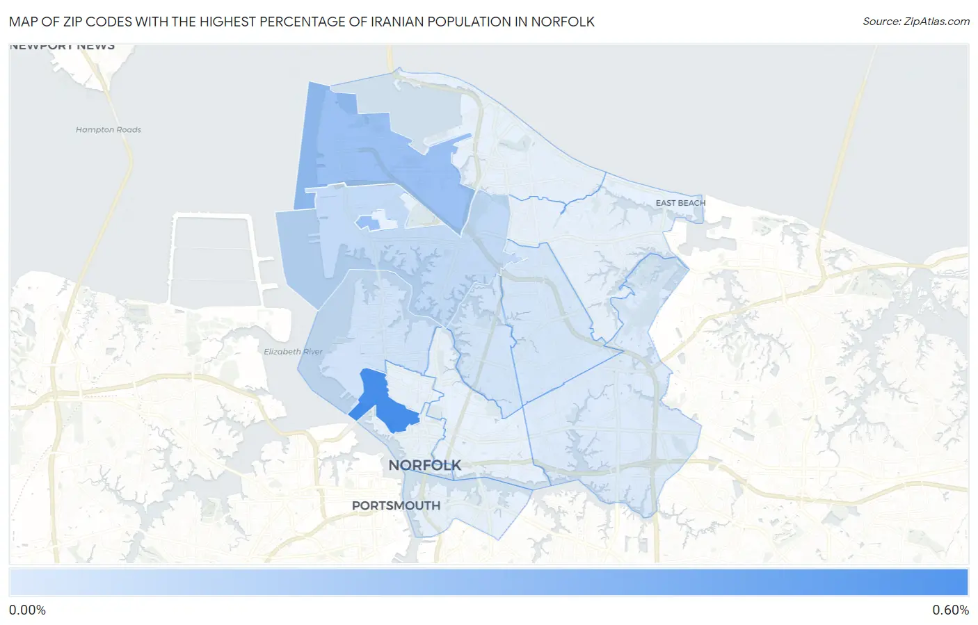 Zip Codes with the Highest Percentage of Iranian Population in Norfolk Map