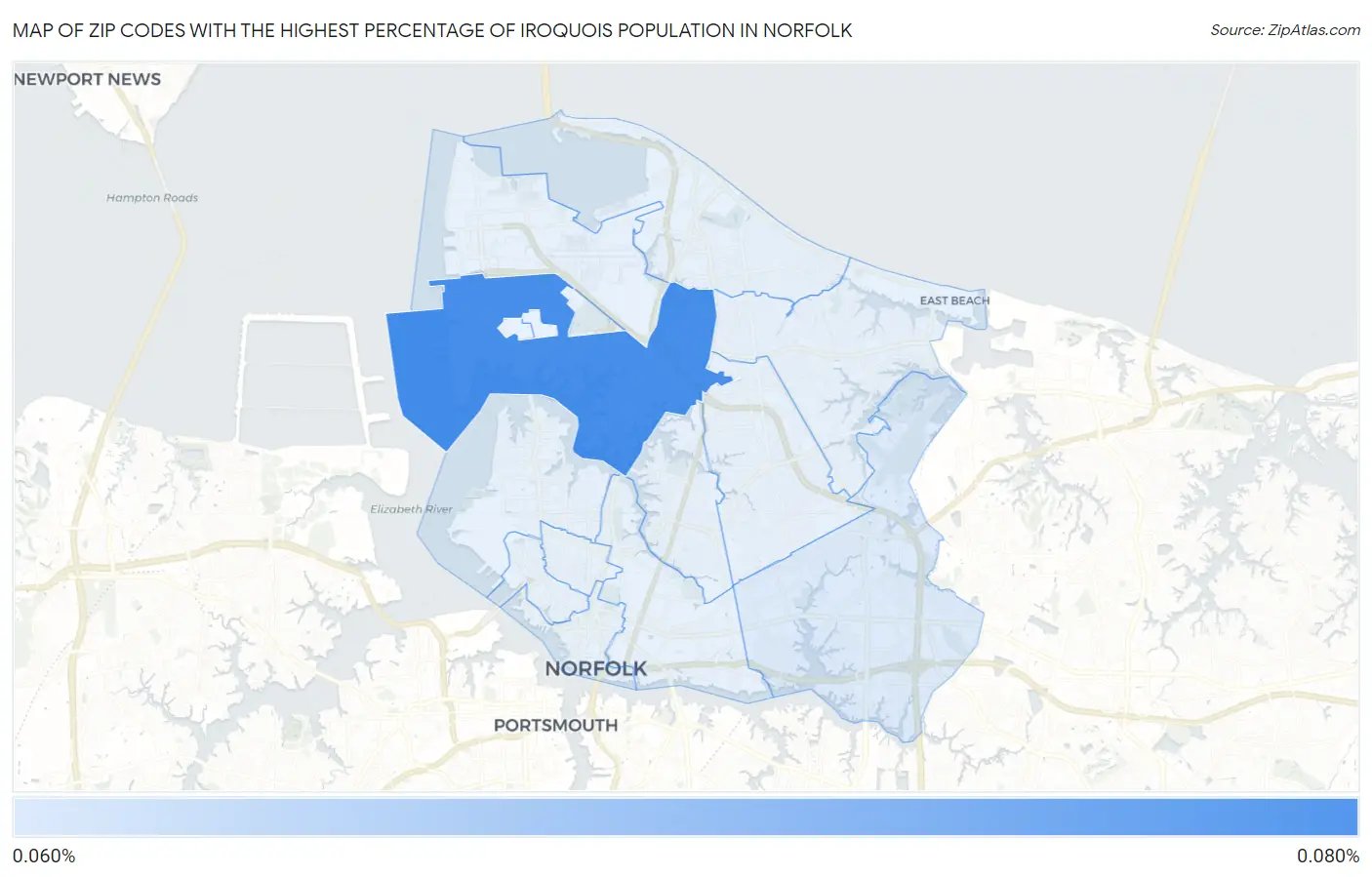 Zip Codes with the Highest Percentage of Iroquois Population in Norfolk Map
