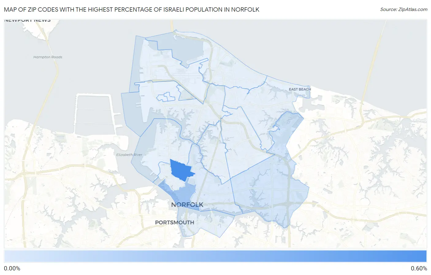 Zip Codes with the Highest Percentage of Israeli Population in Norfolk Map