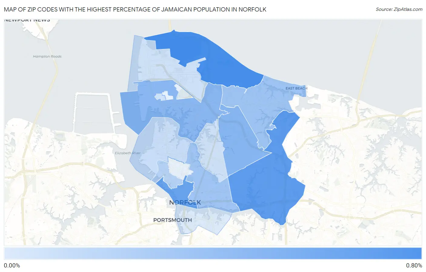 Zip Codes with the Highest Percentage of Jamaican Population in Norfolk Map