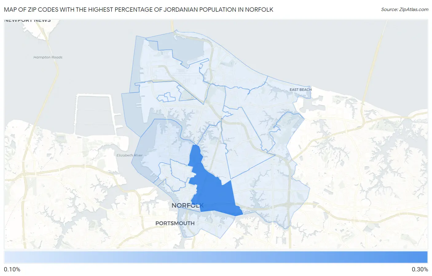 Zip Codes with the Highest Percentage of Jordanian Population in Norfolk Map