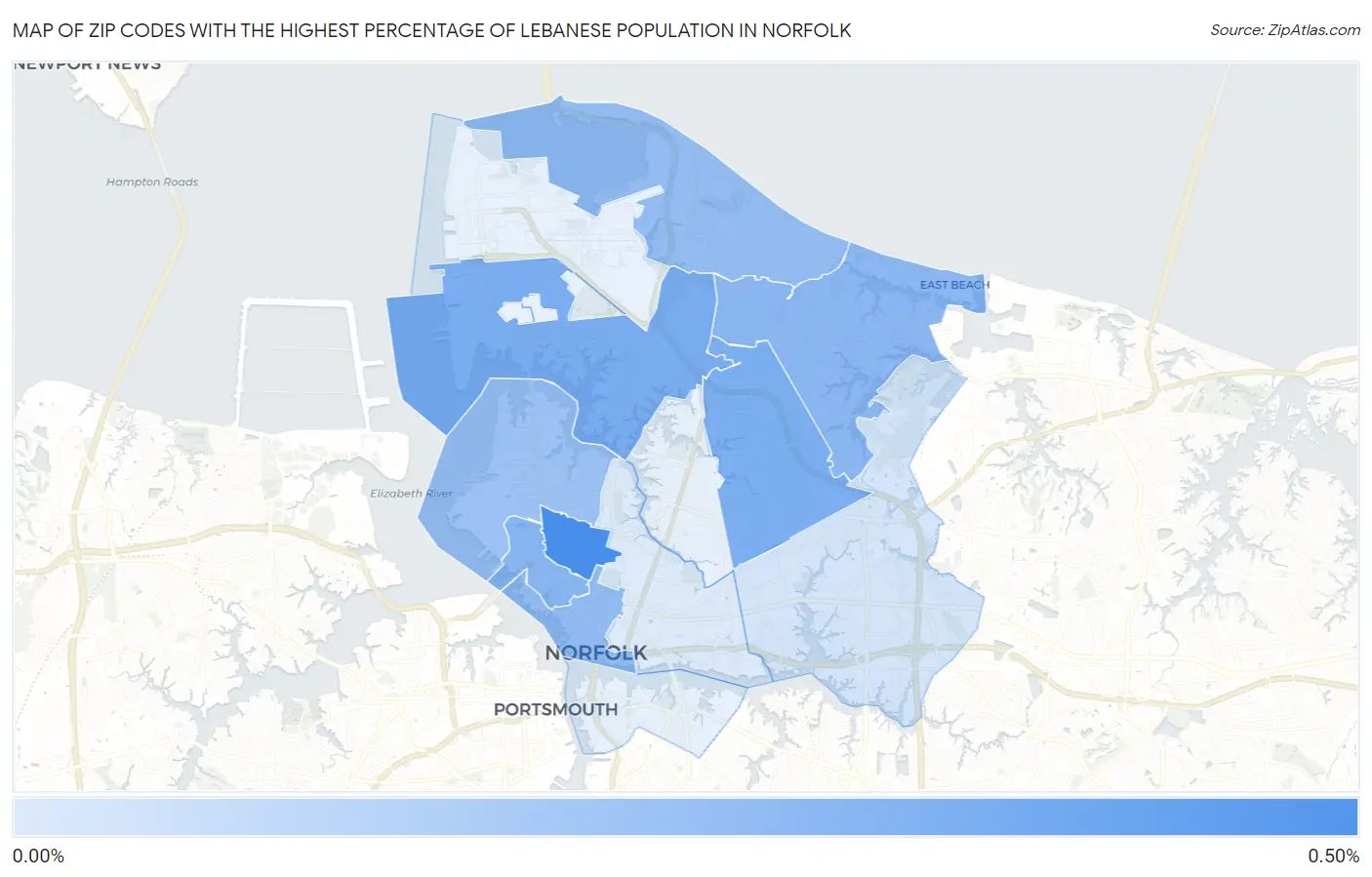 Zip Codes with the Highest Percentage of Lebanese Population in Norfolk Map
