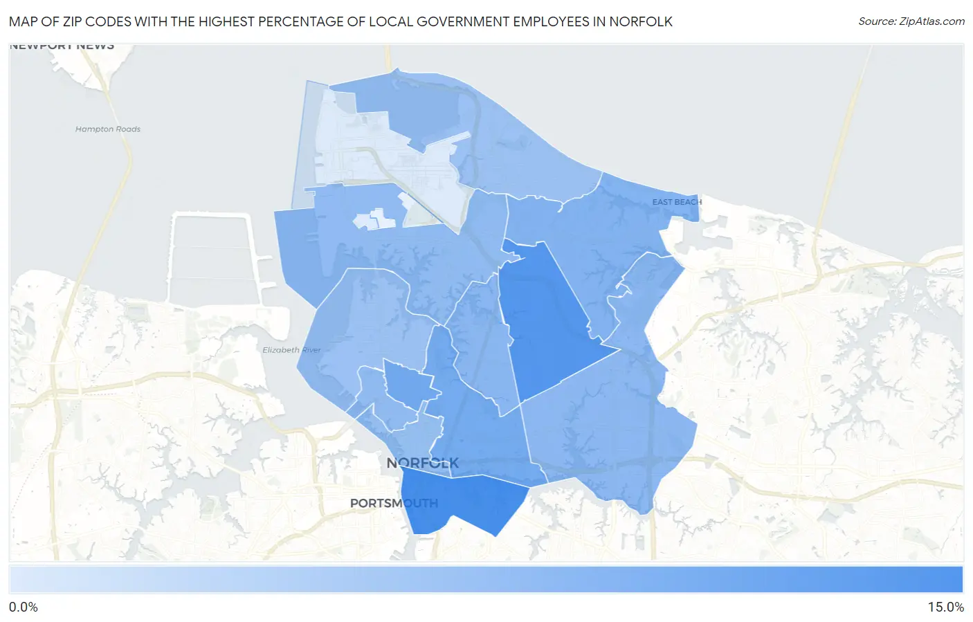 Zip Codes with the Highest Percentage of Local Government Employees in Norfolk Map