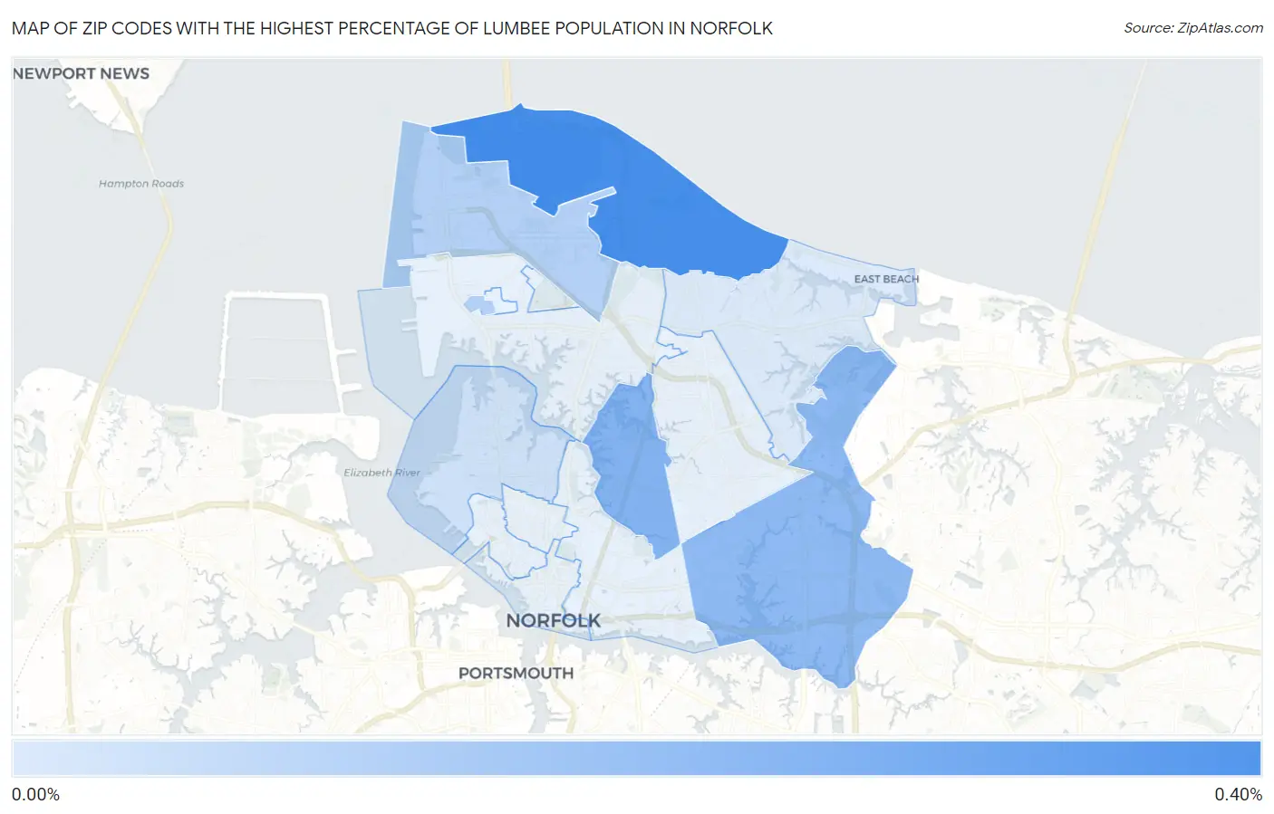 Zip Codes with the Highest Percentage of Lumbee Population in Norfolk Map