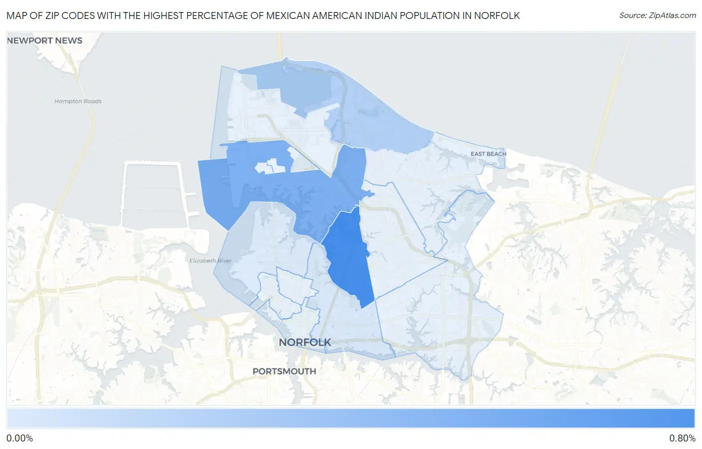 Zip Codes with the Highest Percentage of Mexican American Indian Population in Norfolk Map