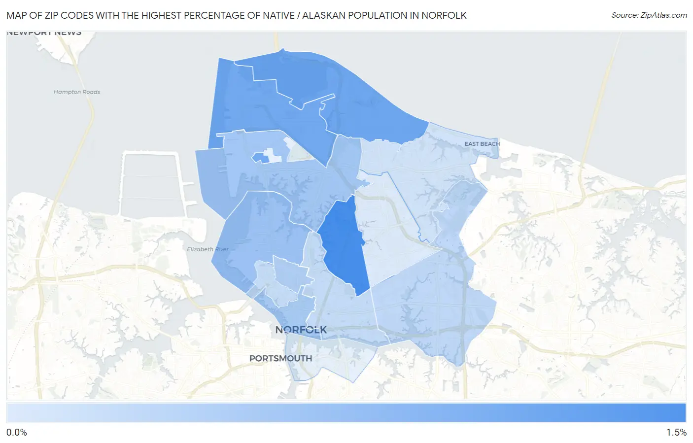 Zip Codes with the Highest Percentage of Native / Alaskan Population in Norfolk Map