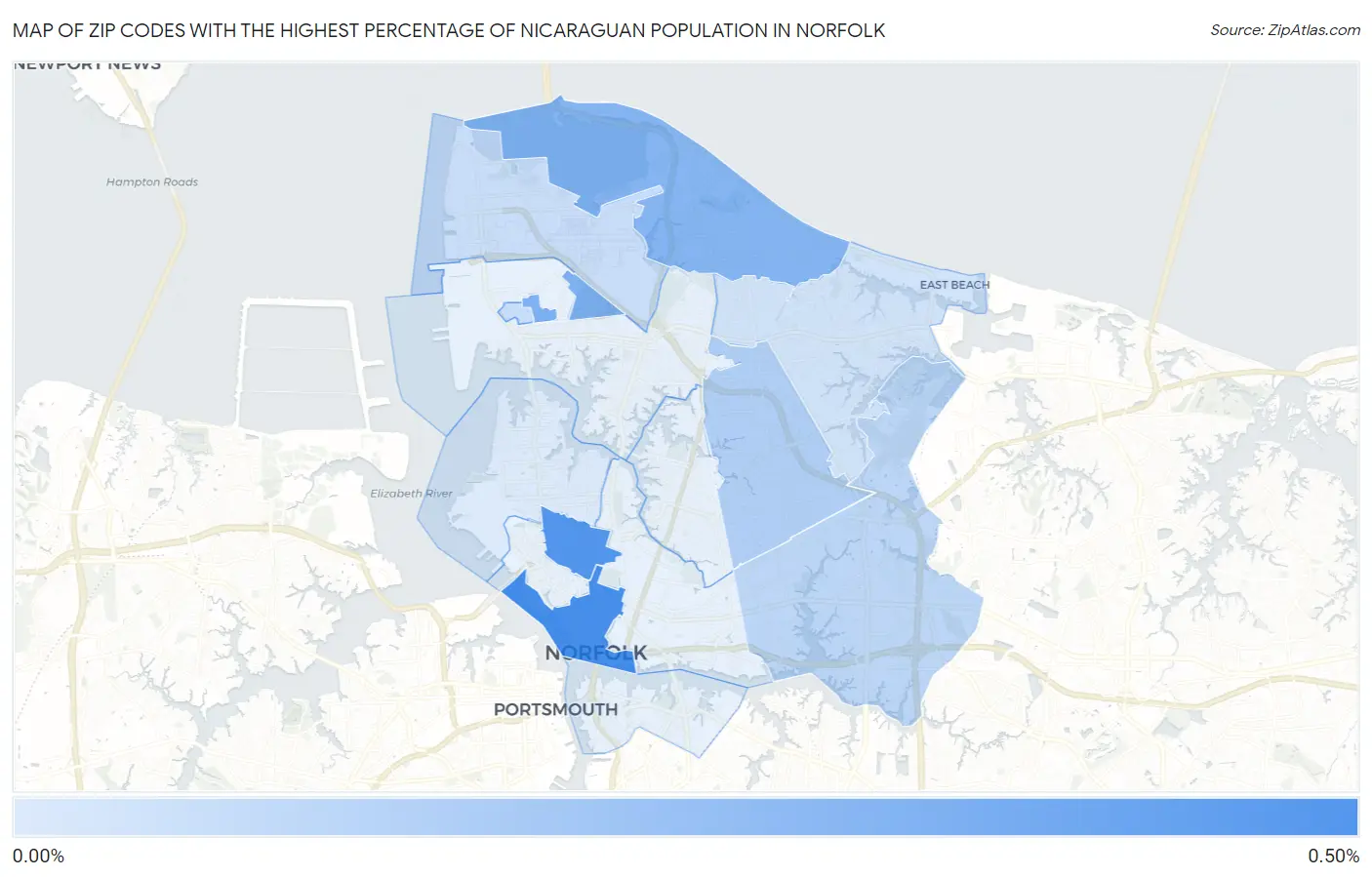 Zip Codes with the Highest Percentage of Nicaraguan Population in Norfolk Map
