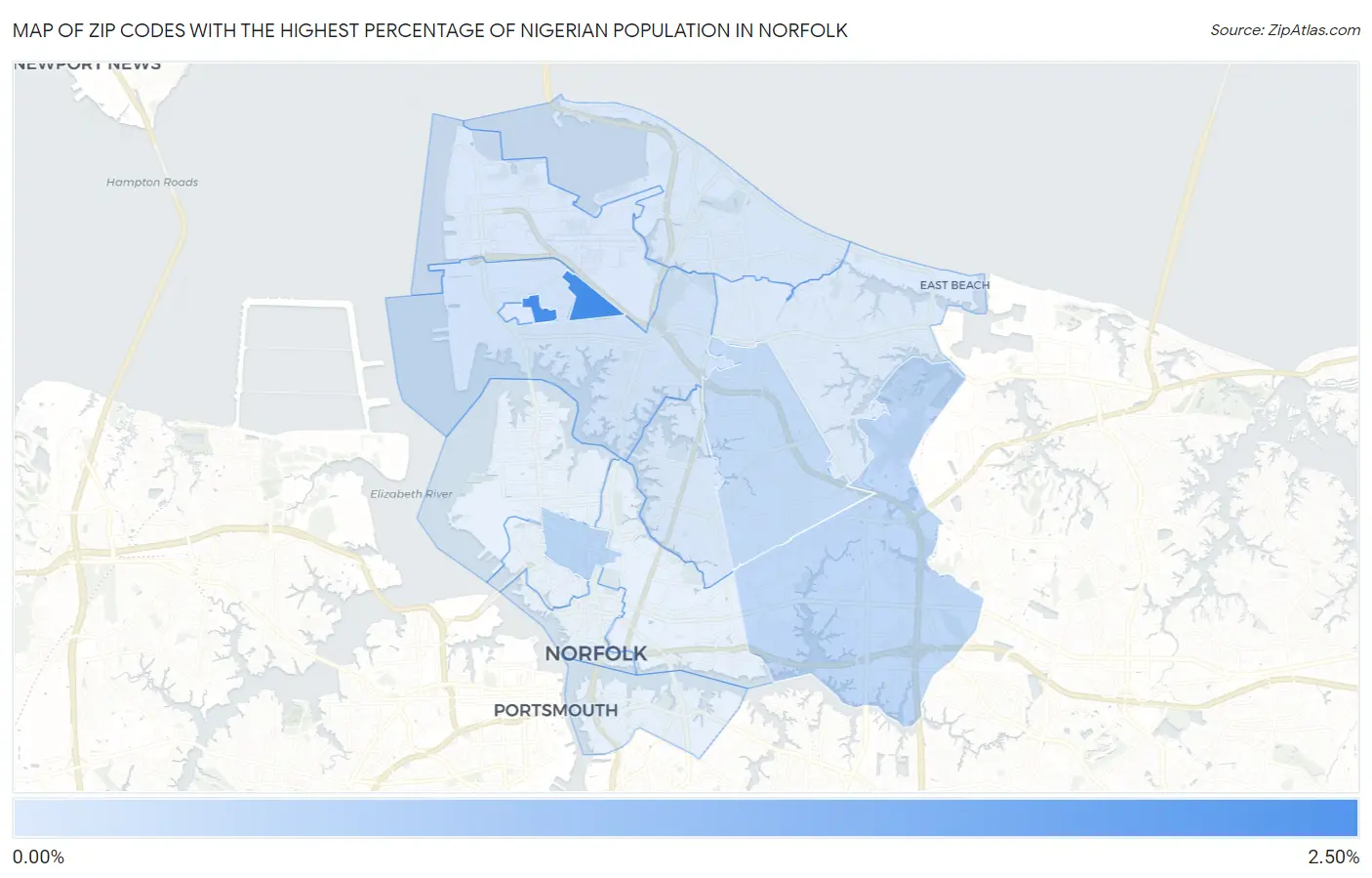 Zip Codes with the Highest Percentage of Nigerian Population in Norfolk Map