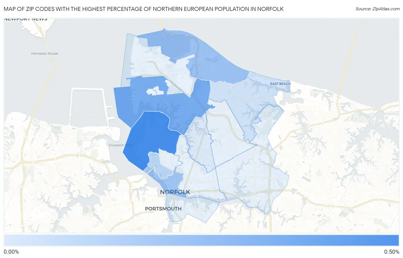 Zip Codes with the Highest Percentage of Northern European Population in Norfolk Map