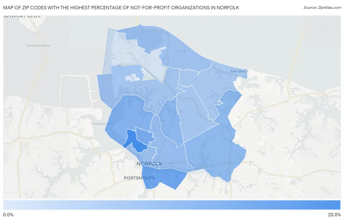 Zip Codes with the Highest Percentage of Not-for-profit Organizations in Norfolk Map