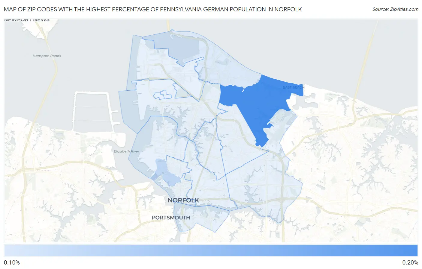 Zip Codes with the Highest Percentage of Pennsylvania German Population in Norfolk Map