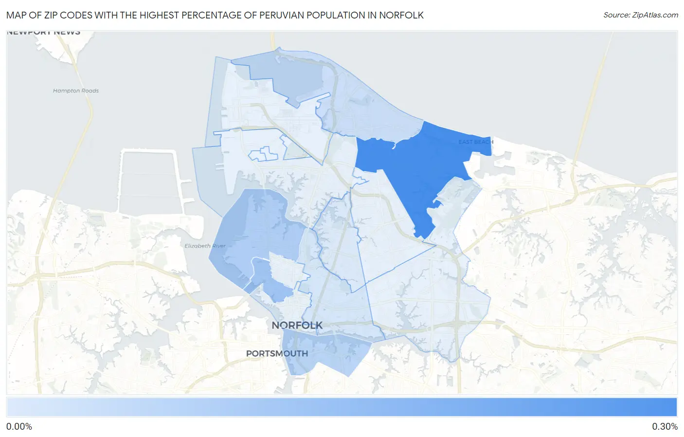 Zip Codes with the Highest Percentage of Peruvian Population in Norfolk Map
