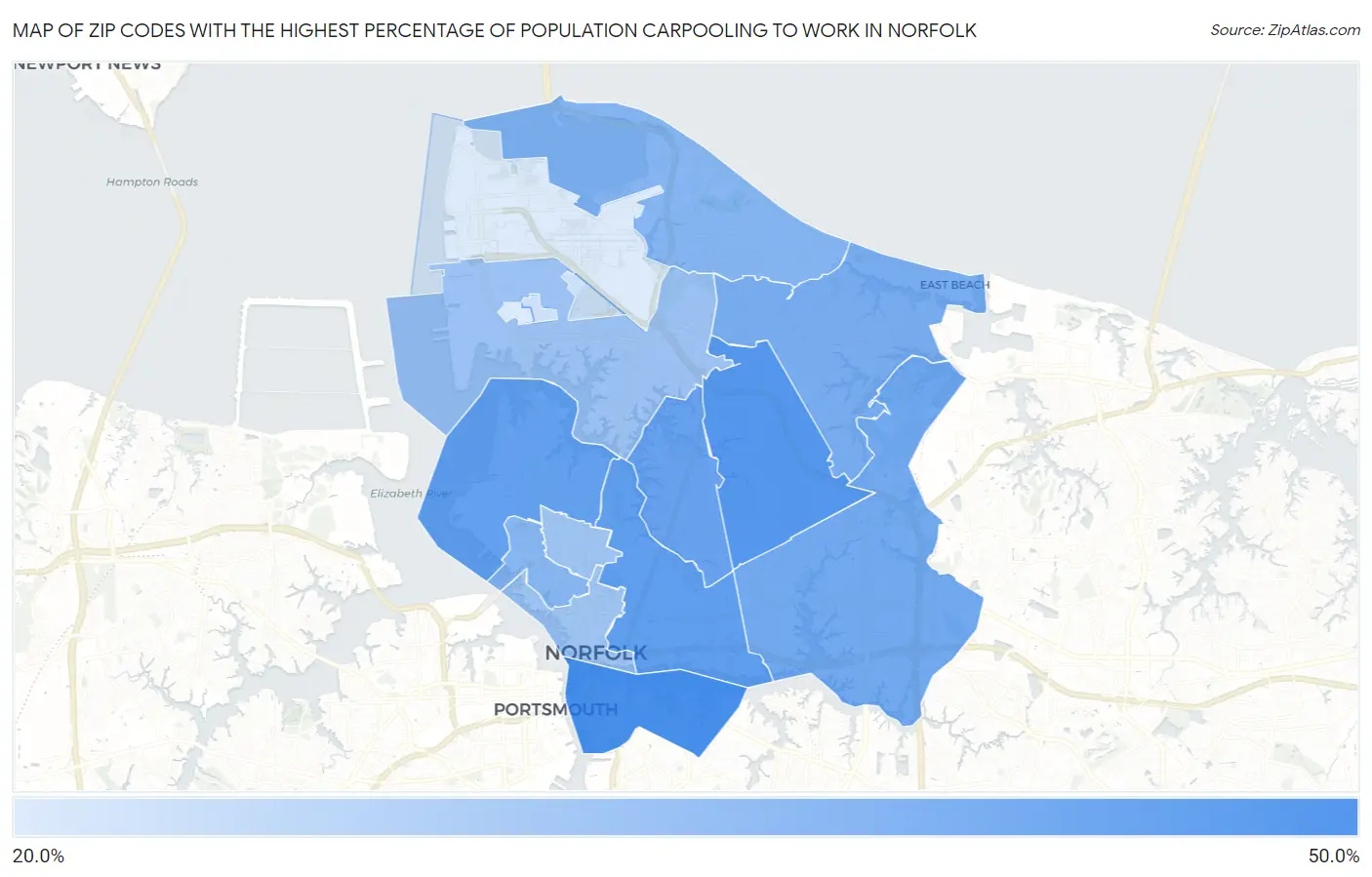 Zip Codes with the Highest Percentage of Population Carpooling to Work in Norfolk Map