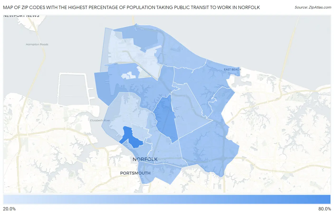 Zip Codes with the Highest Percentage of Population Taking Public Transit to Work in Norfolk Map