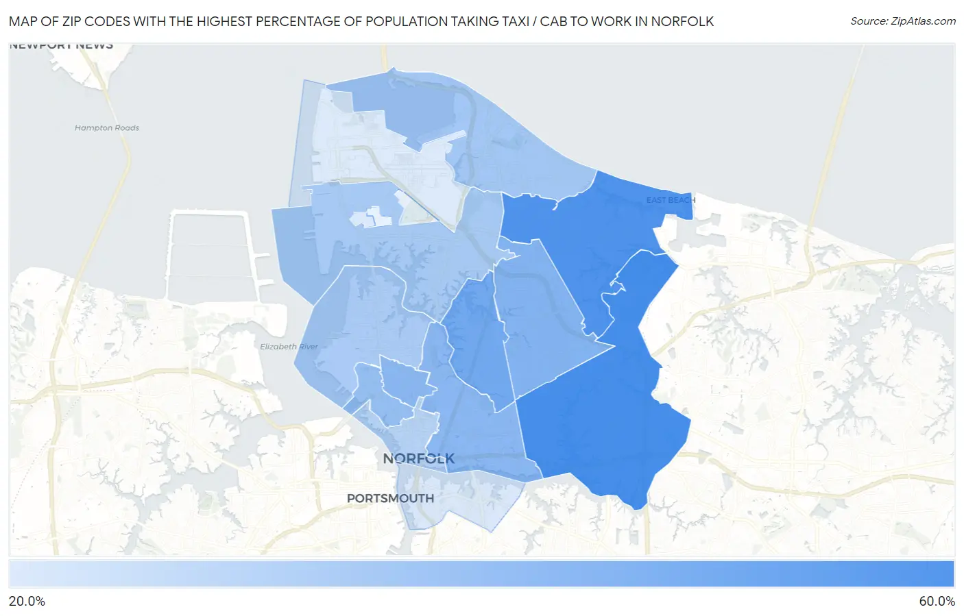 Zip Codes with the Highest Percentage of Population Taking Taxi / Cab to Work in Norfolk Map