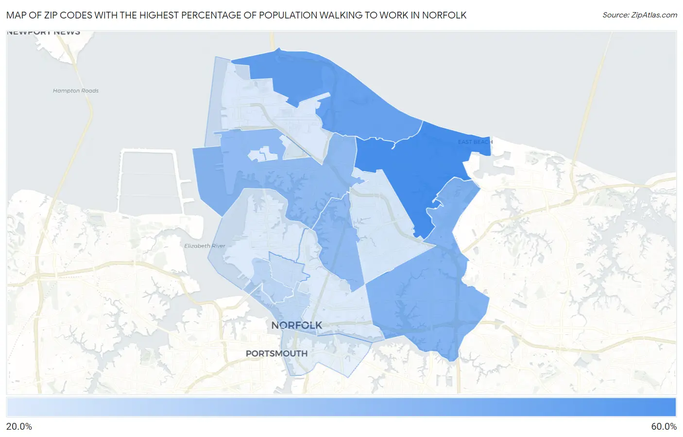 Zip Codes with the Highest Percentage of Population Walking to Work in Norfolk Map