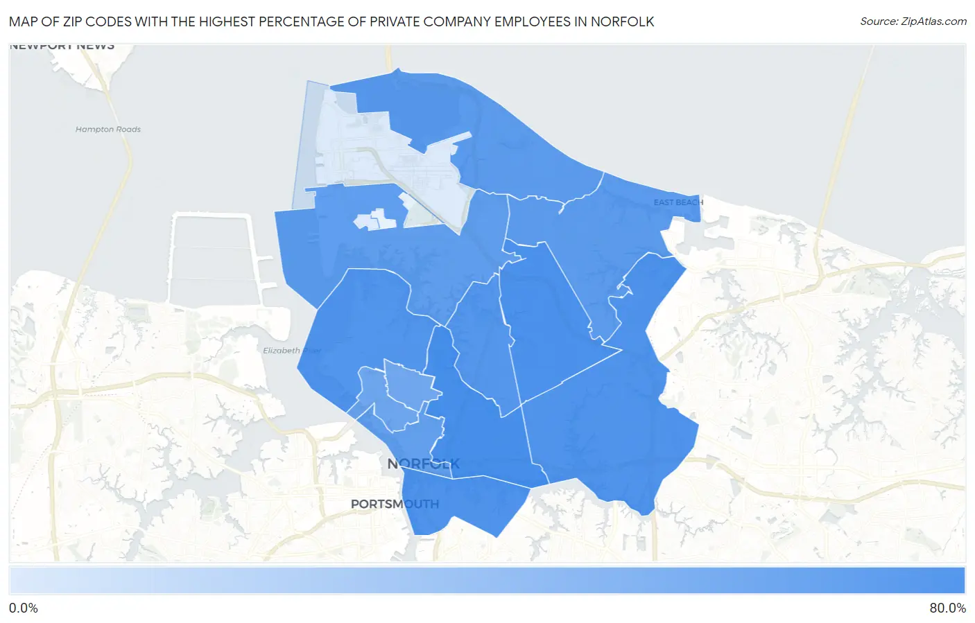 Zip Codes with the Highest Percentage of Private Company Employees in Norfolk Map