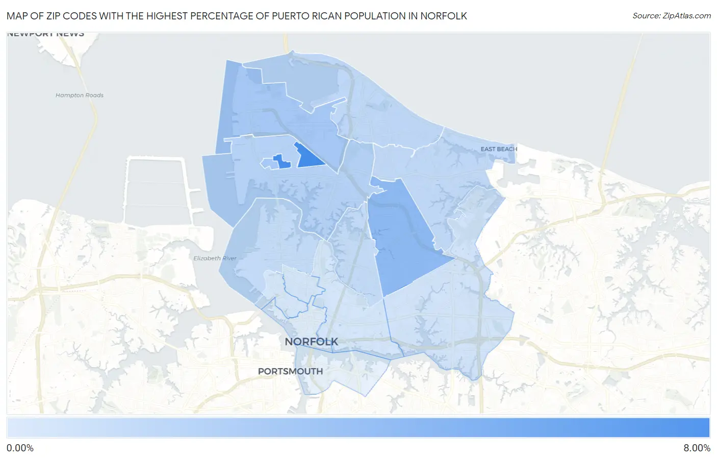 Zip Codes with the Highest Percentage of Puerto Rican Population in Norfolk Map