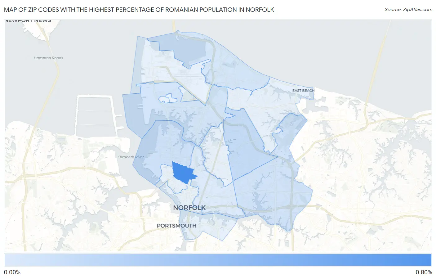 Zip Codes with the Highest Percentage of Romanian Population in Norfolk Map