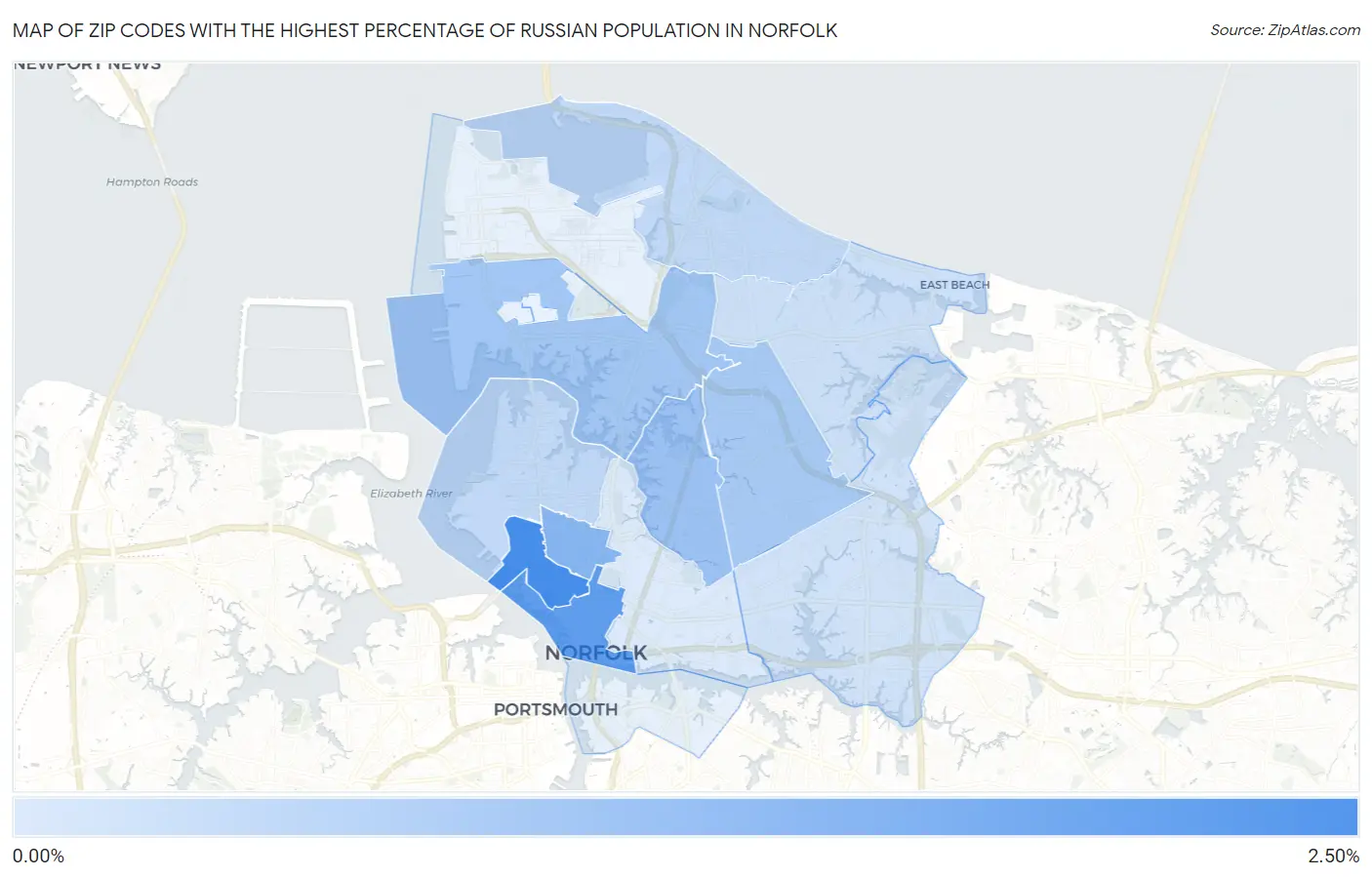 Zip Codes with the Highest Percentage of Russian Population in Norfolk Map