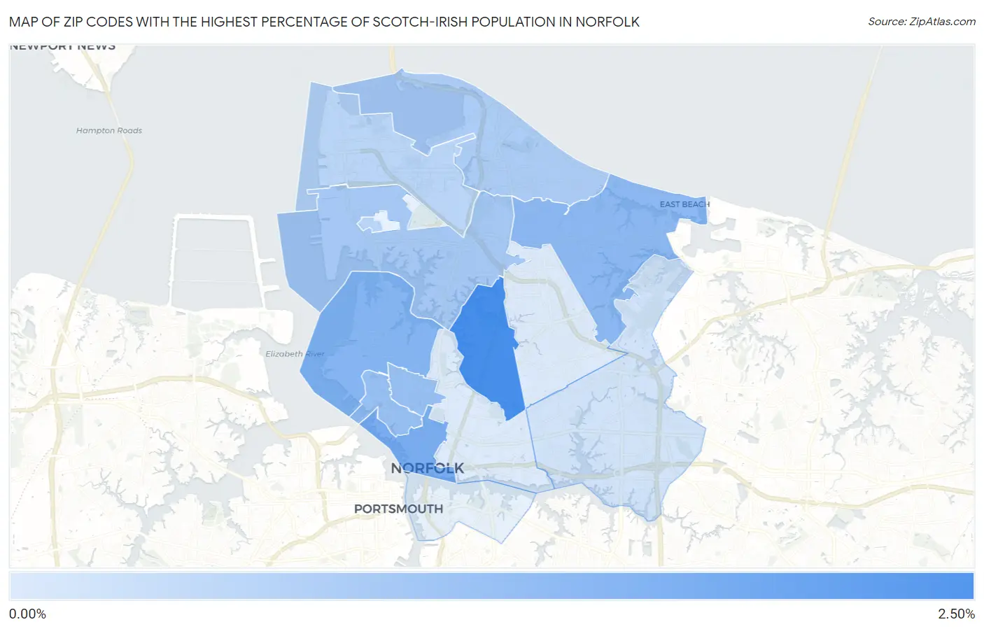 Zip Codes with the Highest Percentage of Scotch-Irish Population in Norfolk Map