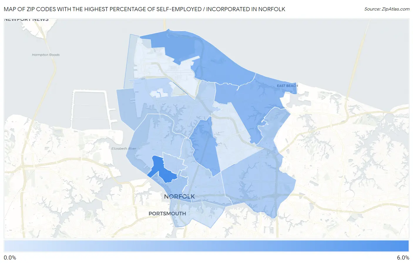 Zip Codes with the Highest Percentage of Self-Employed / Incorporated in Norfolk Map