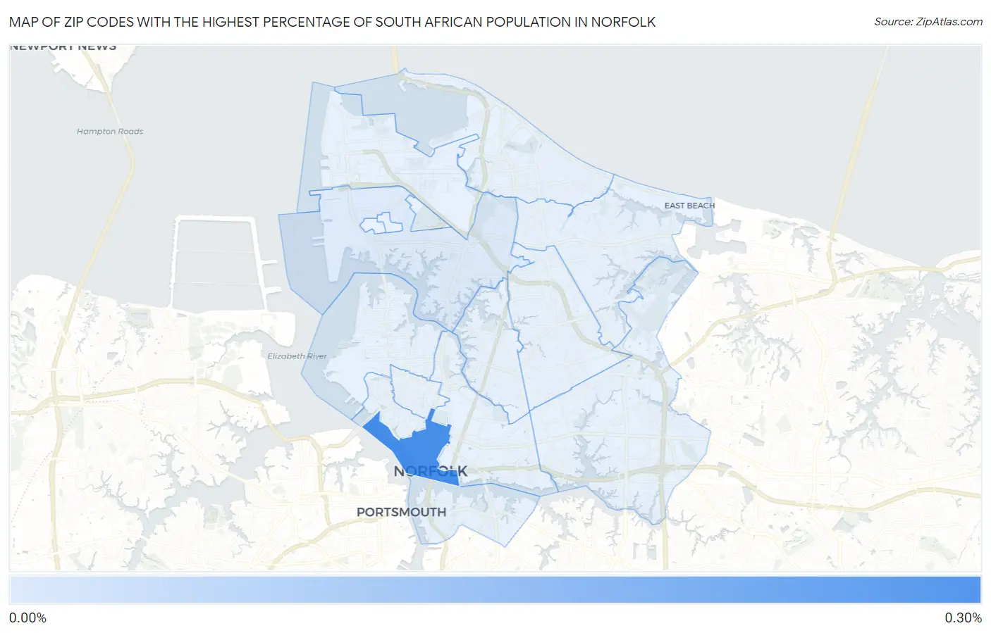 Zip Codes with the Highest Percentage of South African Population in Norfolk Map