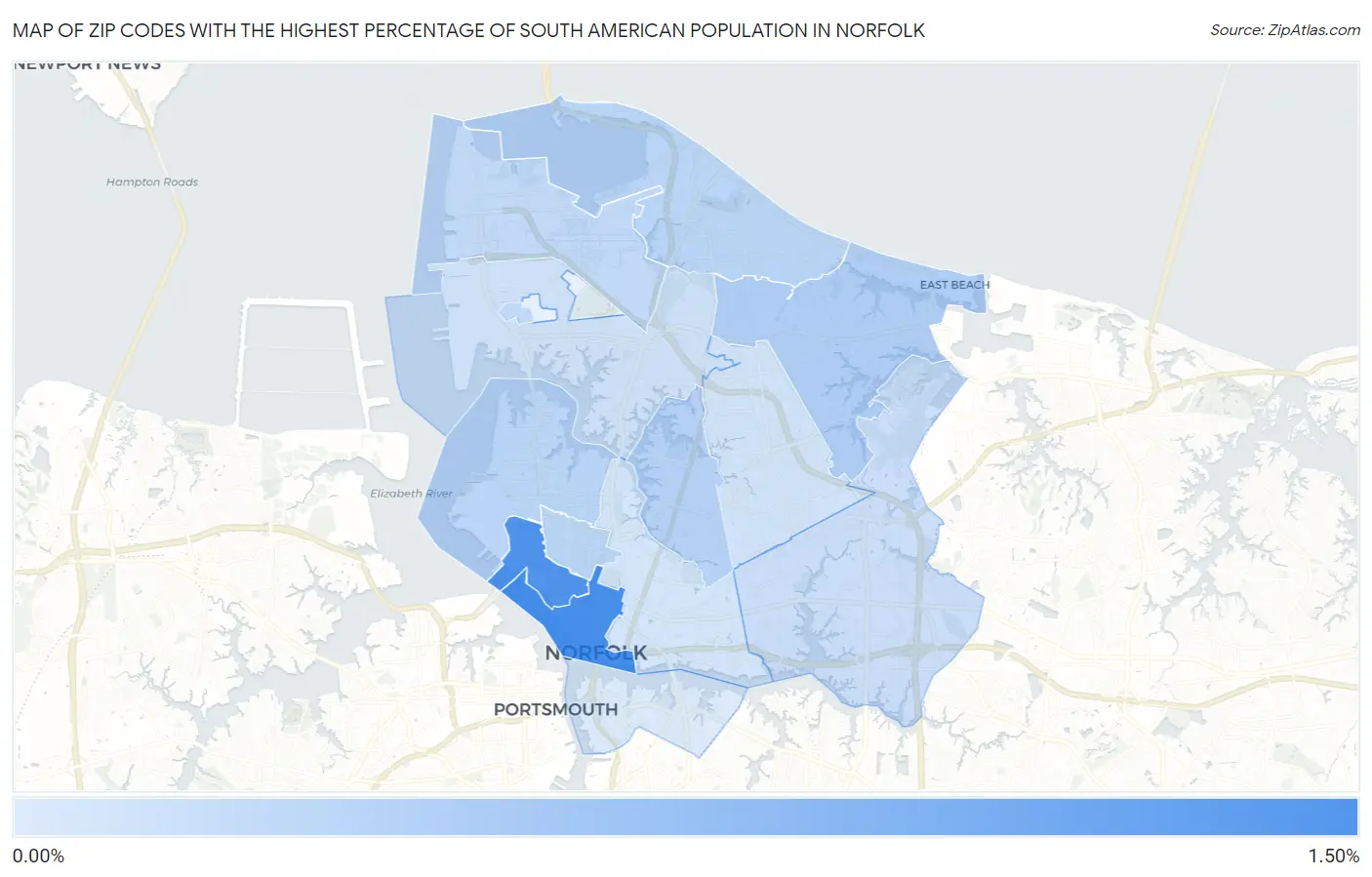 Zip Codes with the Highest Percentage of South American Population in Norfolk Map