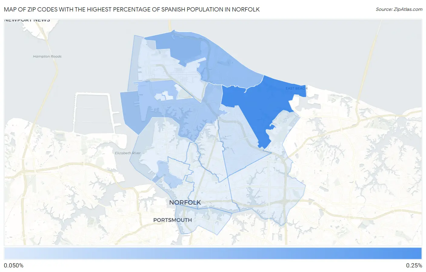 Zip Codes with the Highest Percentage of Spanish Population in Norfolk Map