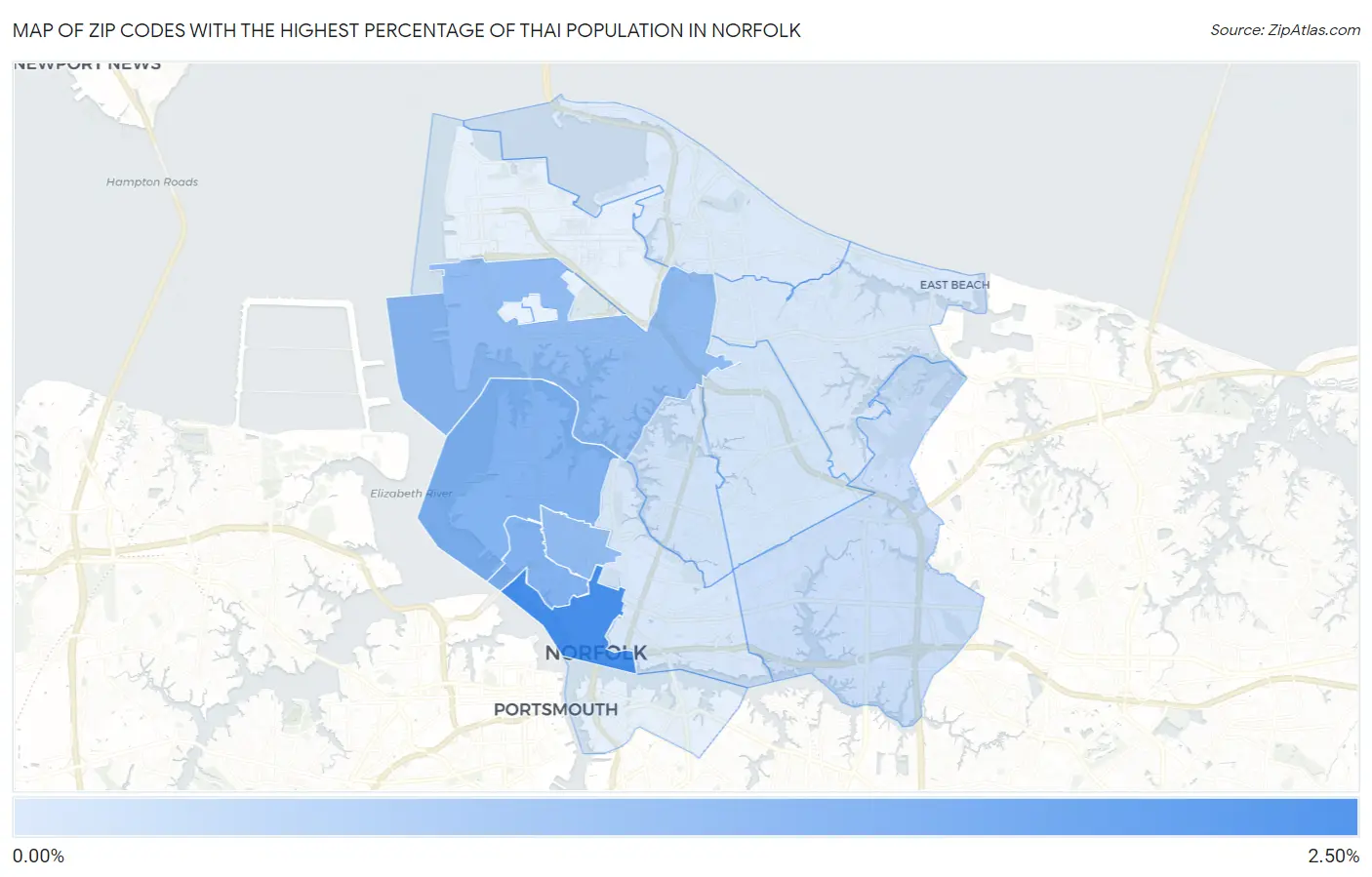 Zip Codes with the Highest Percentage of Thai Population in Norfolk Map