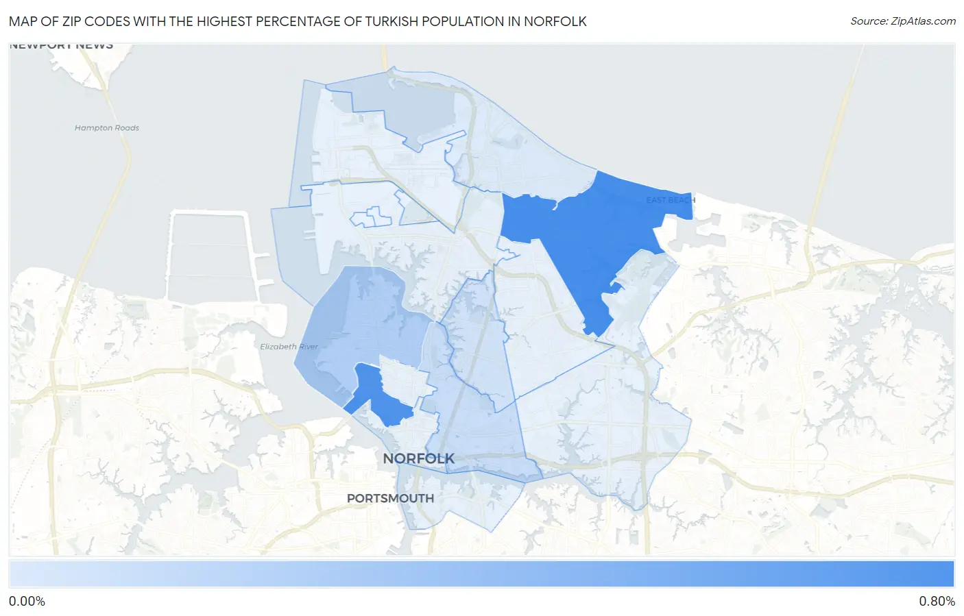 Zip Codes with the Highest Percentage of Turkish Population in Norfolk Map