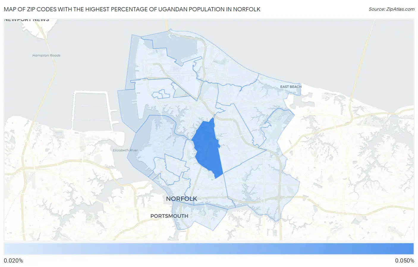 Zip Codes with the Highest Percentage of Ugandan Population in Norfolk Map