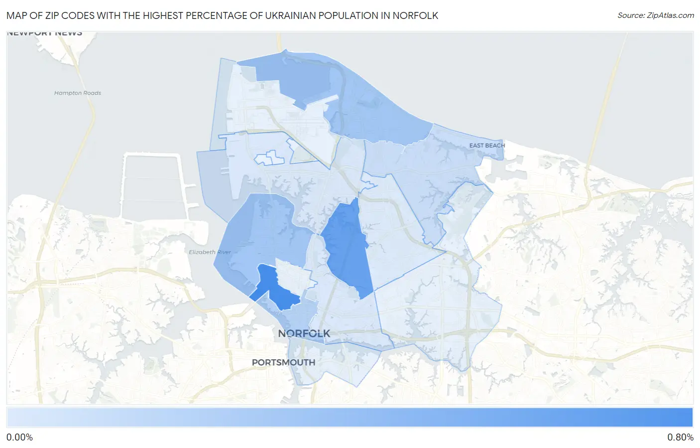 Zip Codes with the Highest Percentage of Ukrainian Population in Norfolk Map