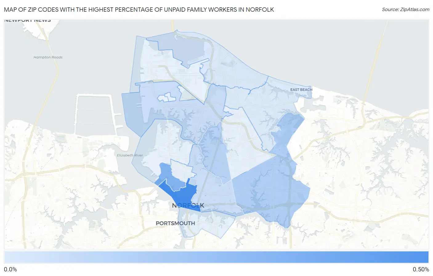 Zip Codes with the Highest Percentage of Unpaid Family Workers in Norfolk Map
