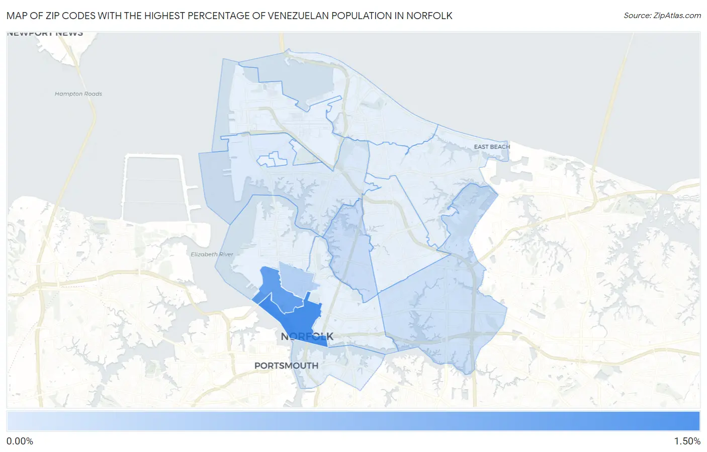 Zip Codes with the Highest Percentage of Venezuelan Population in Norfolk Map