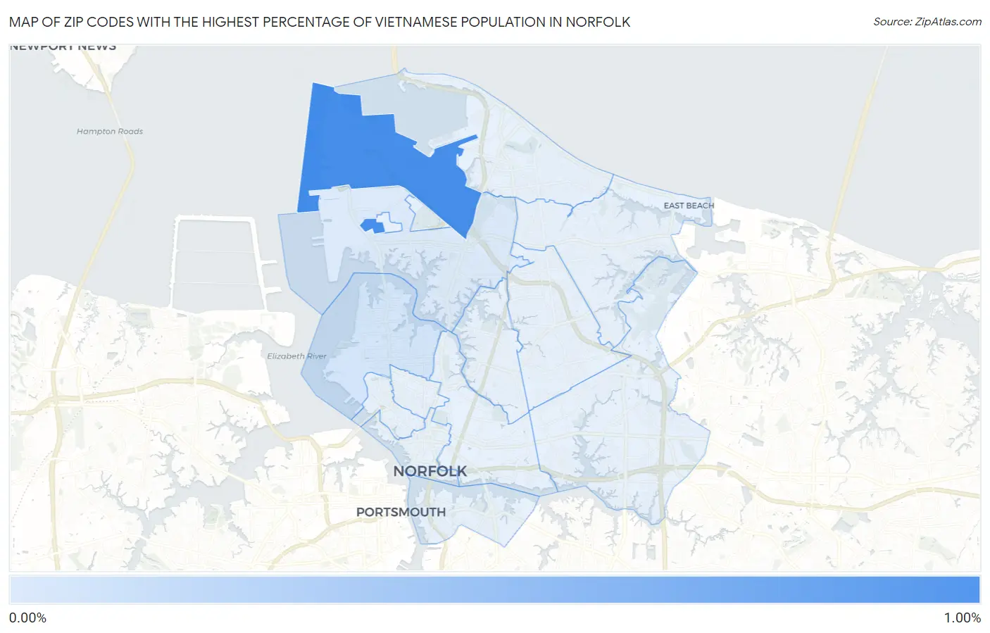 Zip Codes with the Highest Percentage of Vietnamese Population in Norfolk Map