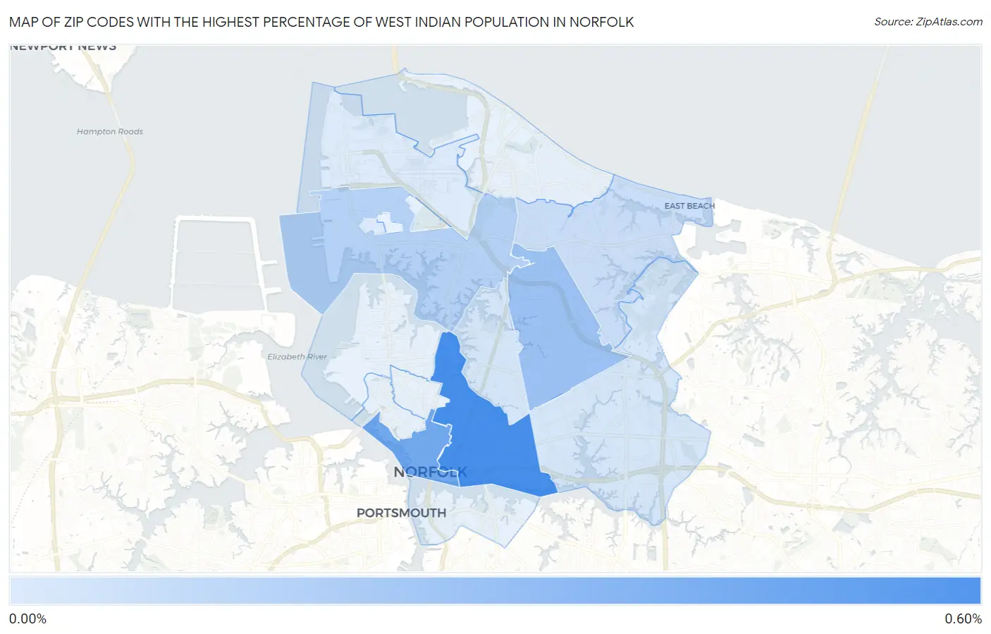 Zip Codes with the Highest Percentage of West Indian Population in Norfolk Map