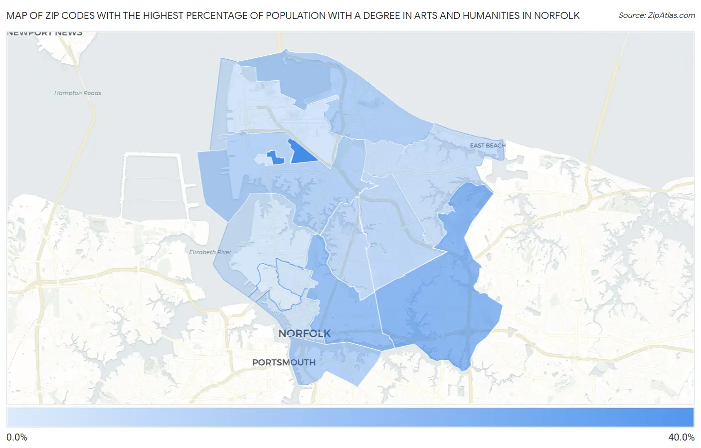 Zip Codes with the Highest Percentage of Population with a Degree in Arts and Humanities in Norfolk Map