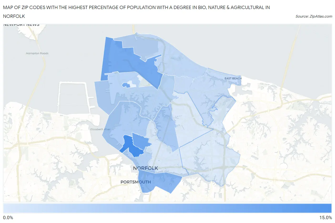 Zip Codes with the Highest Percentage of Population with a Degree in Bio, Nature & Agricultural in Norfolk Map