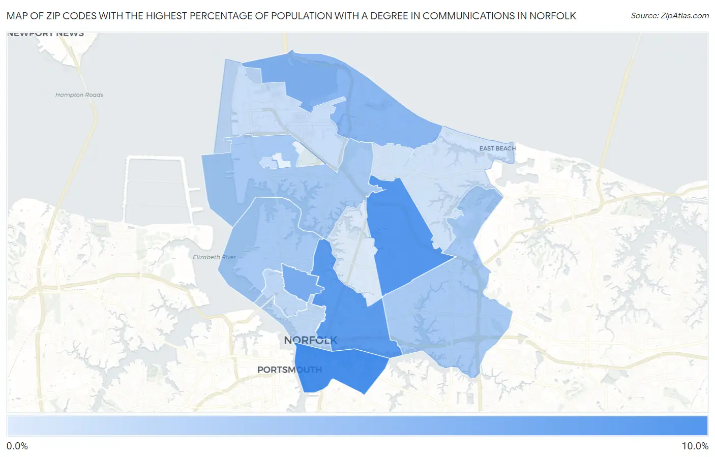 Zip Codes with the Highest Percentage of Population with a Degree in Communications in Norfolk Map