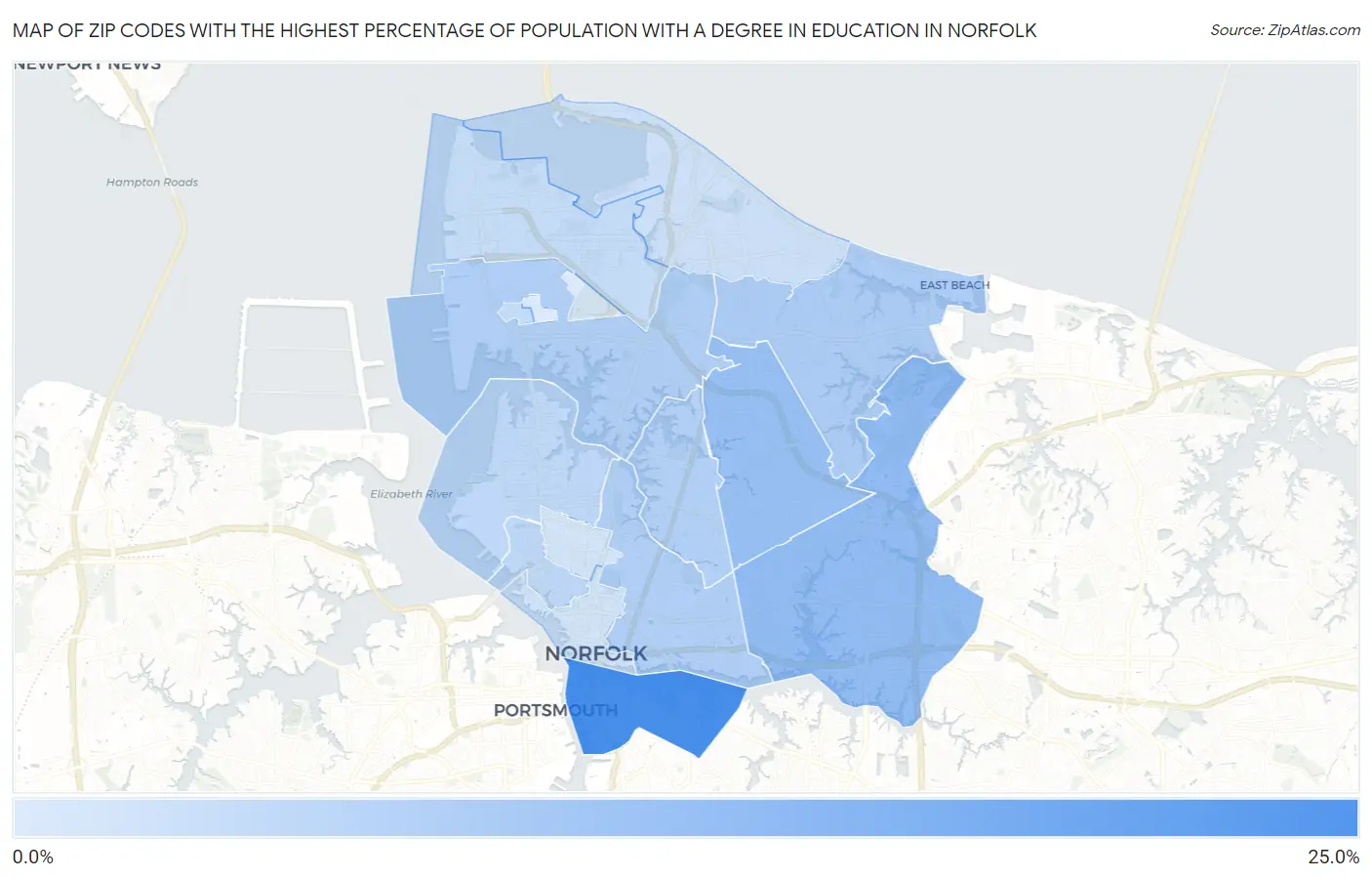 Zip Codes with the Highest Percentage of Population with a Degree in Education in Norfolk Map