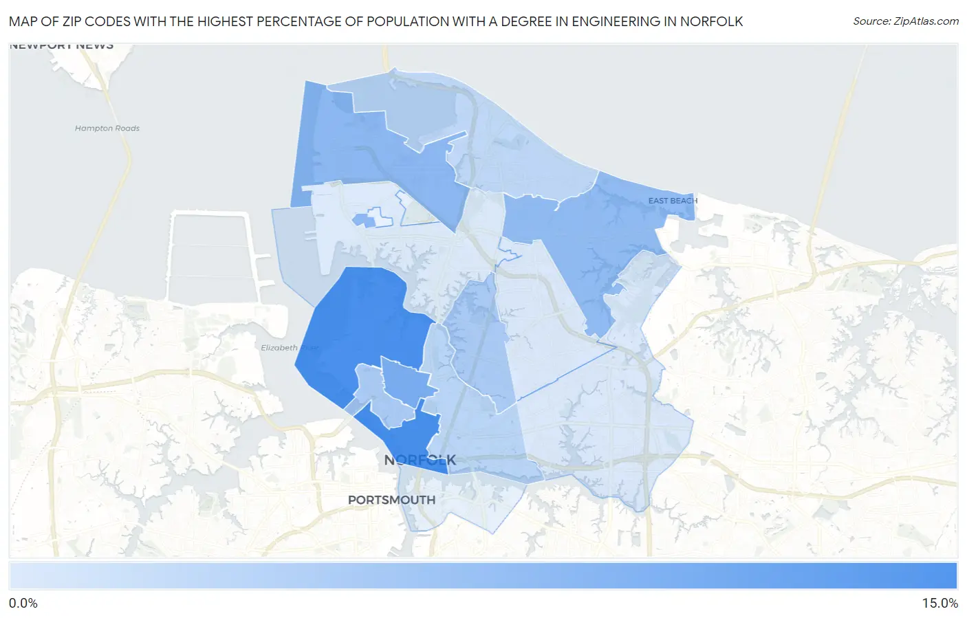 Zip Codes with the Highest Percentage of Population with a Degree in Engineering in Norfolk Map