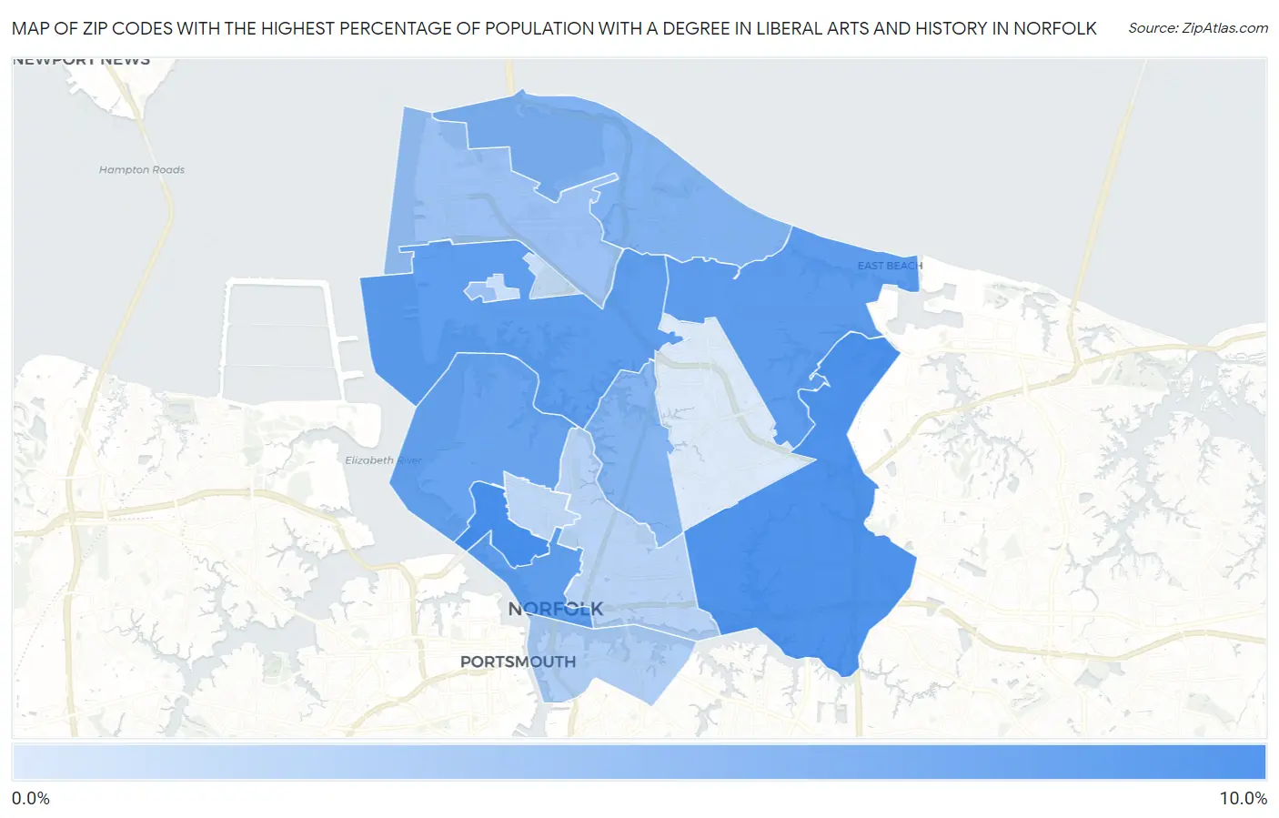 Zip Codes with the Highest Percentage of Population with a Degree in Liberal Arts and History in Norfolk Map