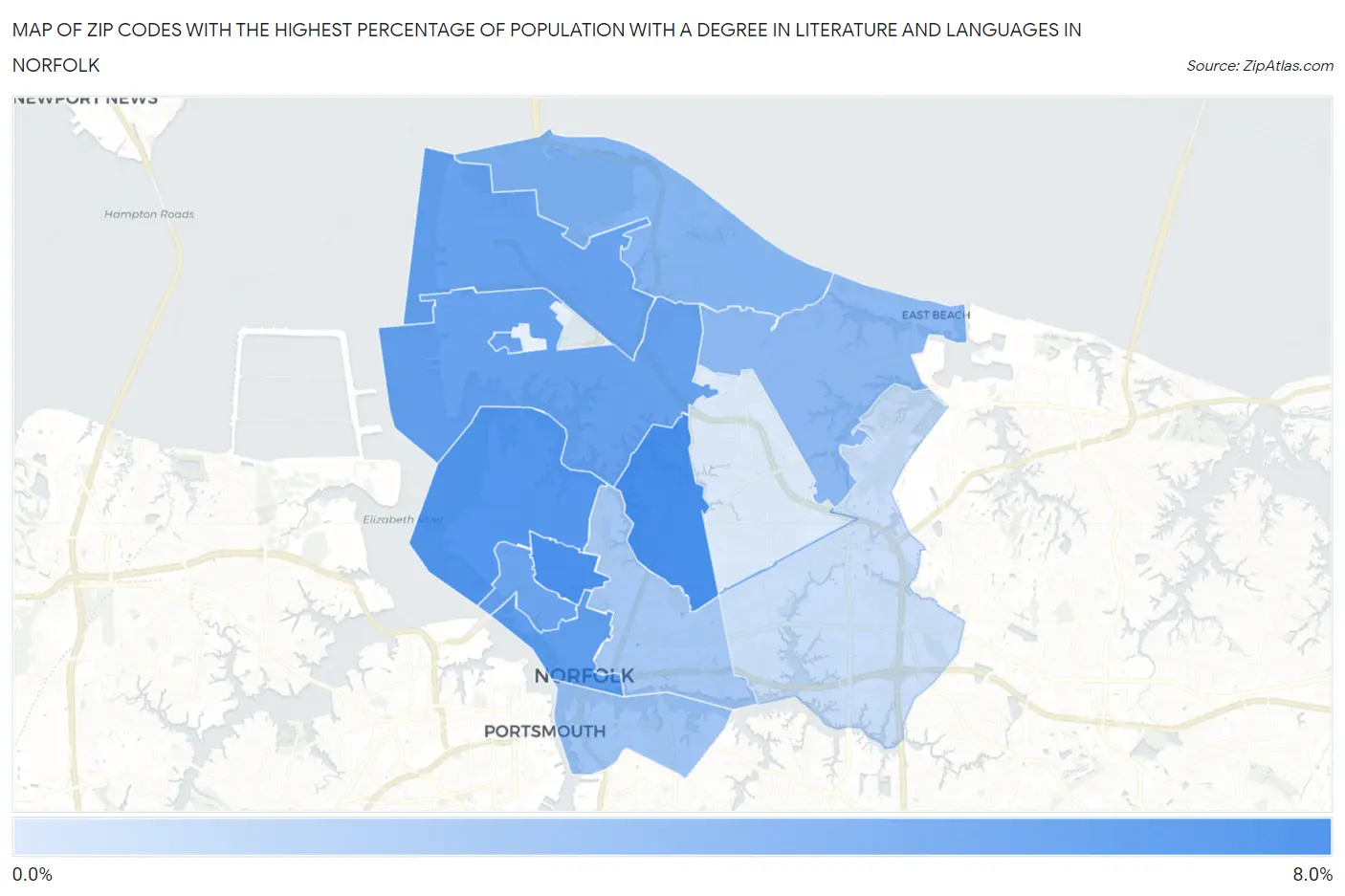 Zip Codes with the Highest Percentage of Population with a Degree in Literature and Languages in Norfolk Map