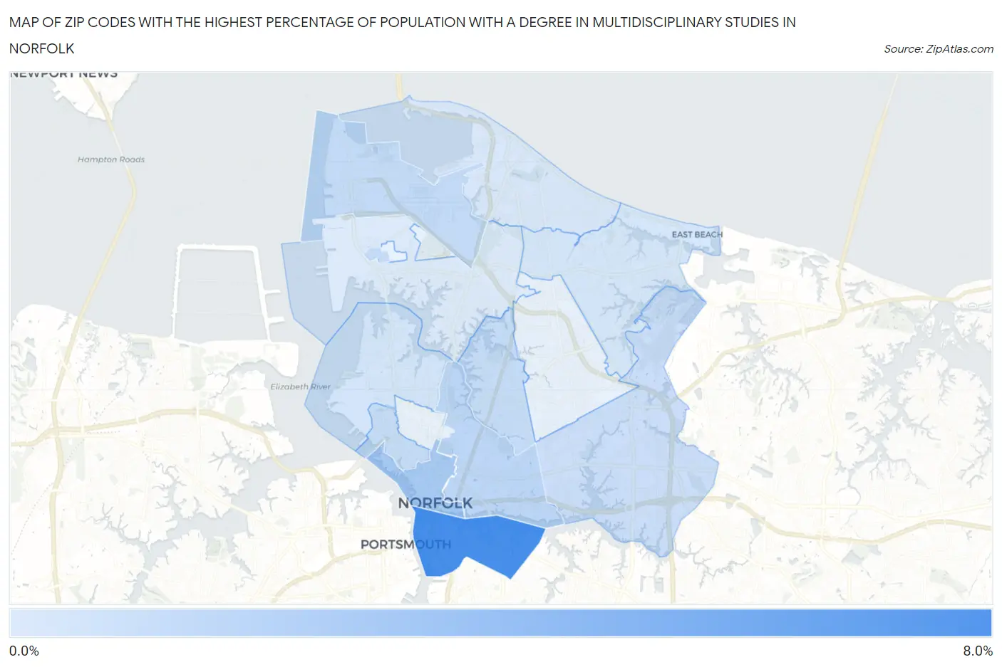 Zip Codes with the Highest Percentage of Population with a Degree in Multidisciplinary Studies in Norfolk Map