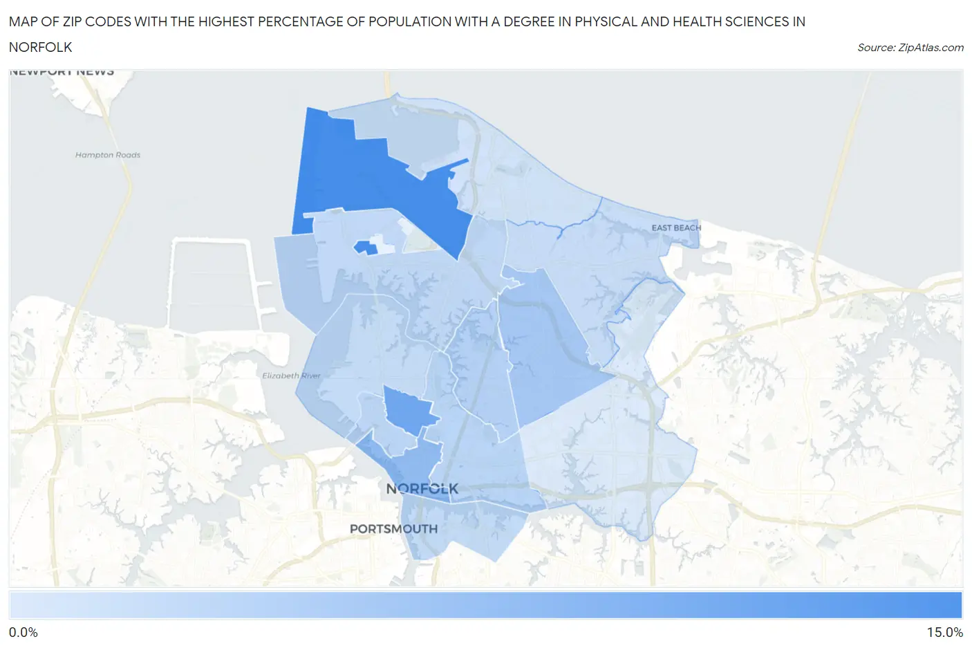 Zip Codes with the Highest Percentage of Population with a Degree in Physical and Health Sciences in Norfolk Map